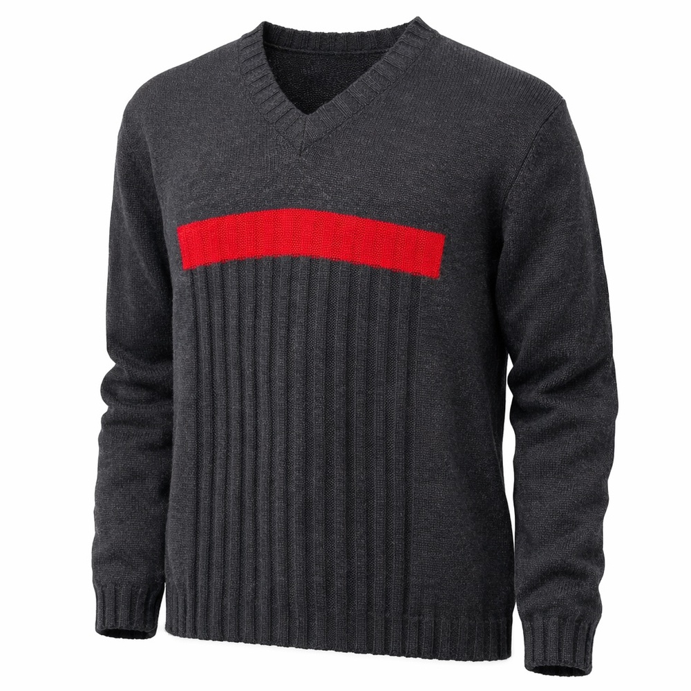 Bachrach Men’s XL Italian Wool Blend V-Neck Sweater Charcoal Gray Red Stripe